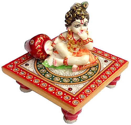 Marble Laddu-Gopal Bal Gopal Statue on Chowki in Muliti Color