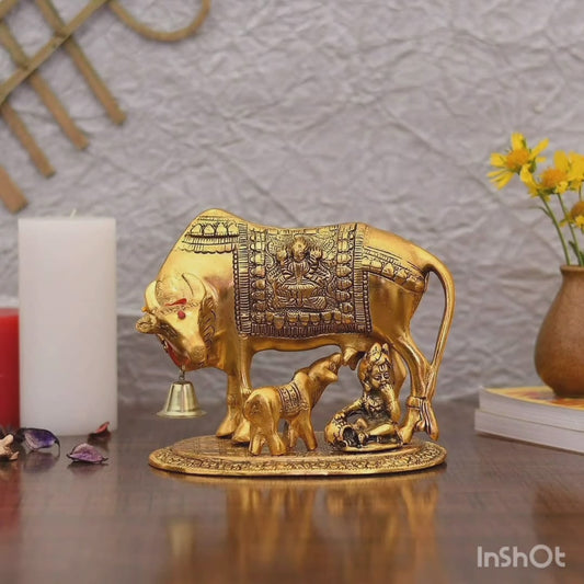 High Quality Metal BIG Size 7 inches approx  Kamdhenu Cow and Calf with Laddu Gopal Ji Statue Showpiece for Home Decoration, Pooja and Gifting