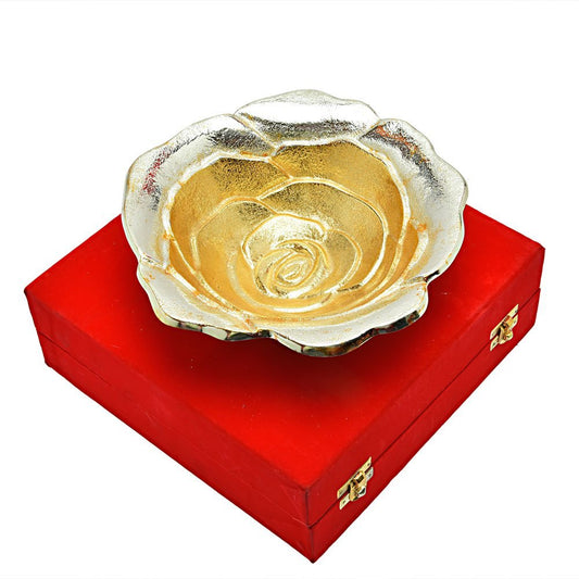 GreenTouch Silver & Gold Plated Brass Sheet German Silver Rose Flower thick Bowl 4" Diameter with Free Spoon