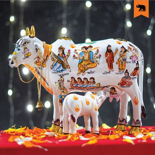 Kamdhenu Cow With Calf size 20 cm God Figure Hand Painted, Polyresin Statue Home Decor And Puja Article Showpiece