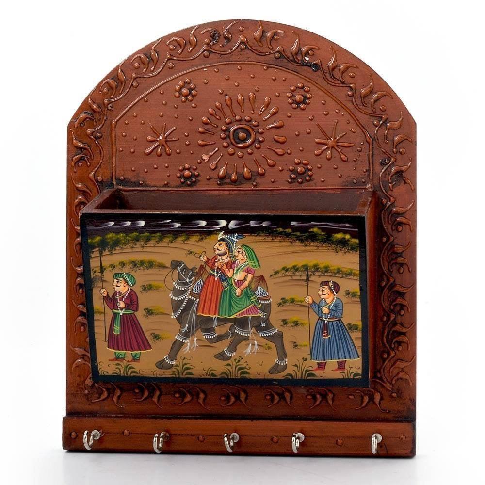 Wooden Hand Painted Magazine and 5 hook Key Holder with Rajasthani painting work (Brown) - GreentouchCrafts