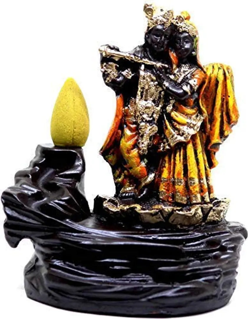 Radha Krishna Incense Holder Smoke Backflow Cone, Decorative Showpiece with 10 Colorful Dhoop Cones (Radha-Krishana, Gold)