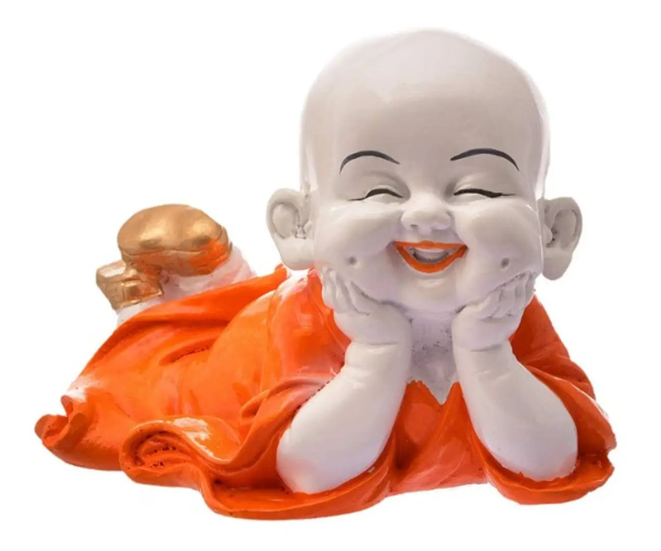 Glowing & Resting Laughing Baby Buddha Wearing Orange Robe Cute Child Monk Statue Marble Finish Handicrafted Home Office Décor Decorative Showpiece (Polyresin, Orange)