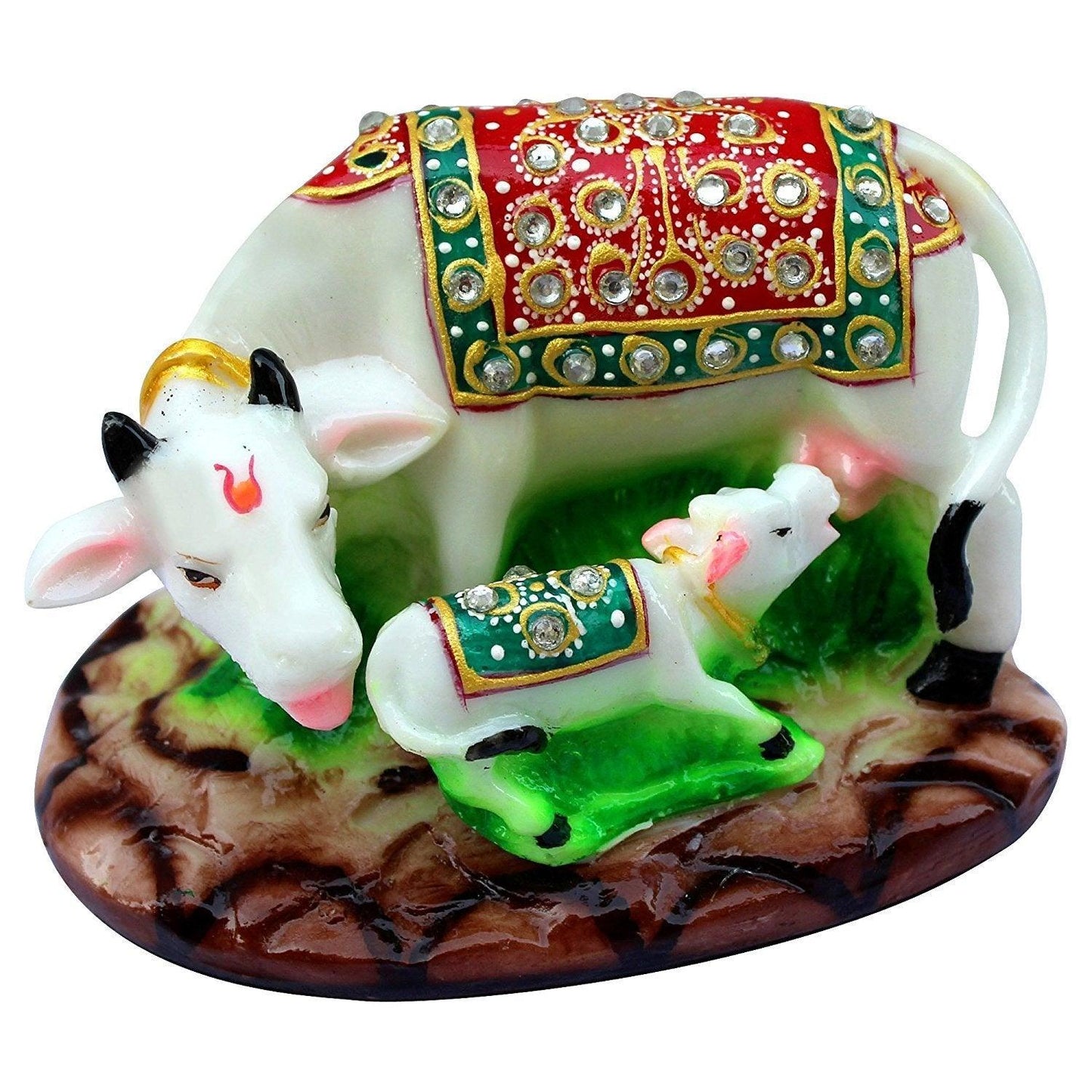 Janamasthmi Pooja Gift Lord Krishna Handcrafted Stones Studded Polymarble made Kamdhenu Cow with Calf Idol - GreentouchCrafts