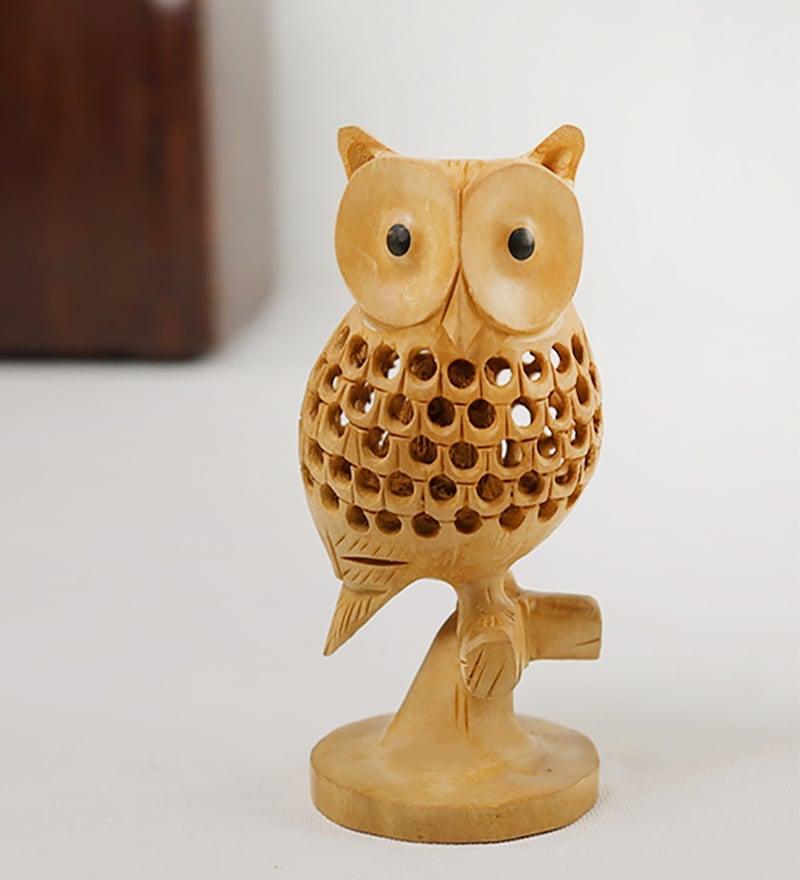Handmade Brown Wooden Jalidar Owl Good Luck Sign Wooden Owl Sitting Tree Branch size 5 inch approx - GreentouchCrafts