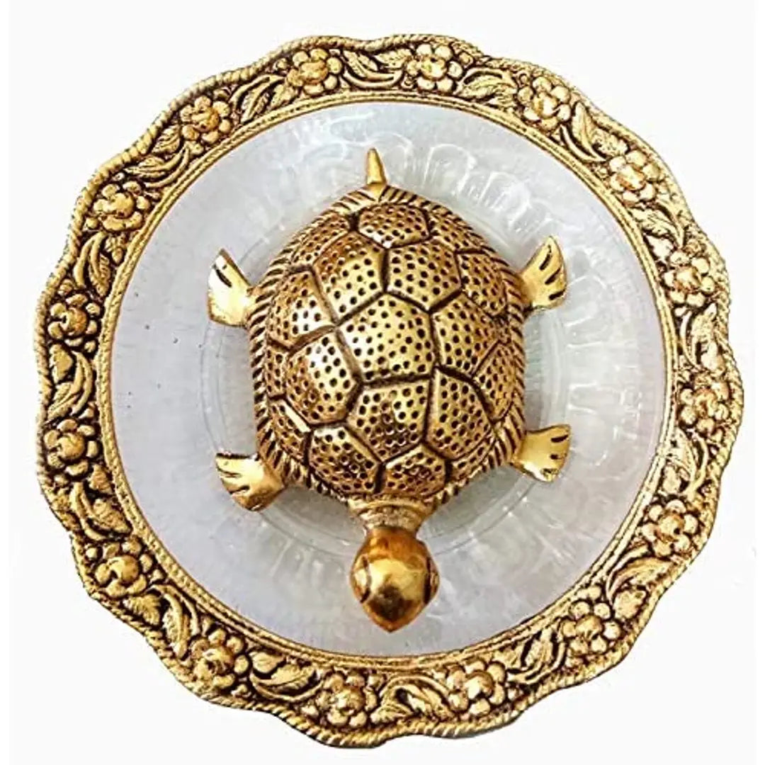 DreamKraft Oxidized Golden Metal Tortoise on Glass Plate for Good Luck Feng Shui Figurine for Vaastu Home Decor (Standard, Multicolour)