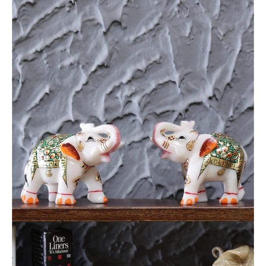 Multicolor Pair Of Marble Elephant Emboss Green Figurine showpiece handicraft - GreentouchCrafts