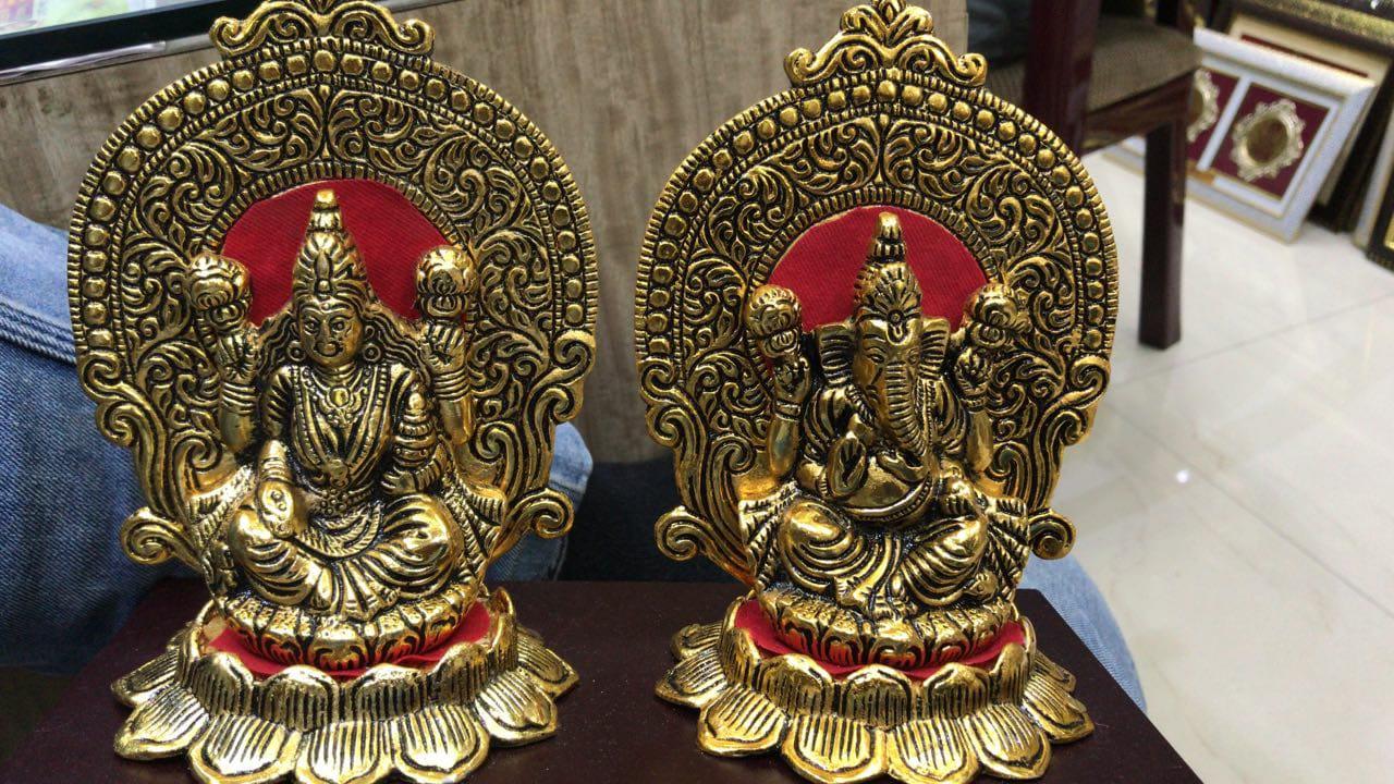 Laxmi Ganesh Set Idol Showpiece - Metal Gold Plated colour Lakshmi Ganesha Idols for Diwali Gifts Puja - GreentouchCrafts