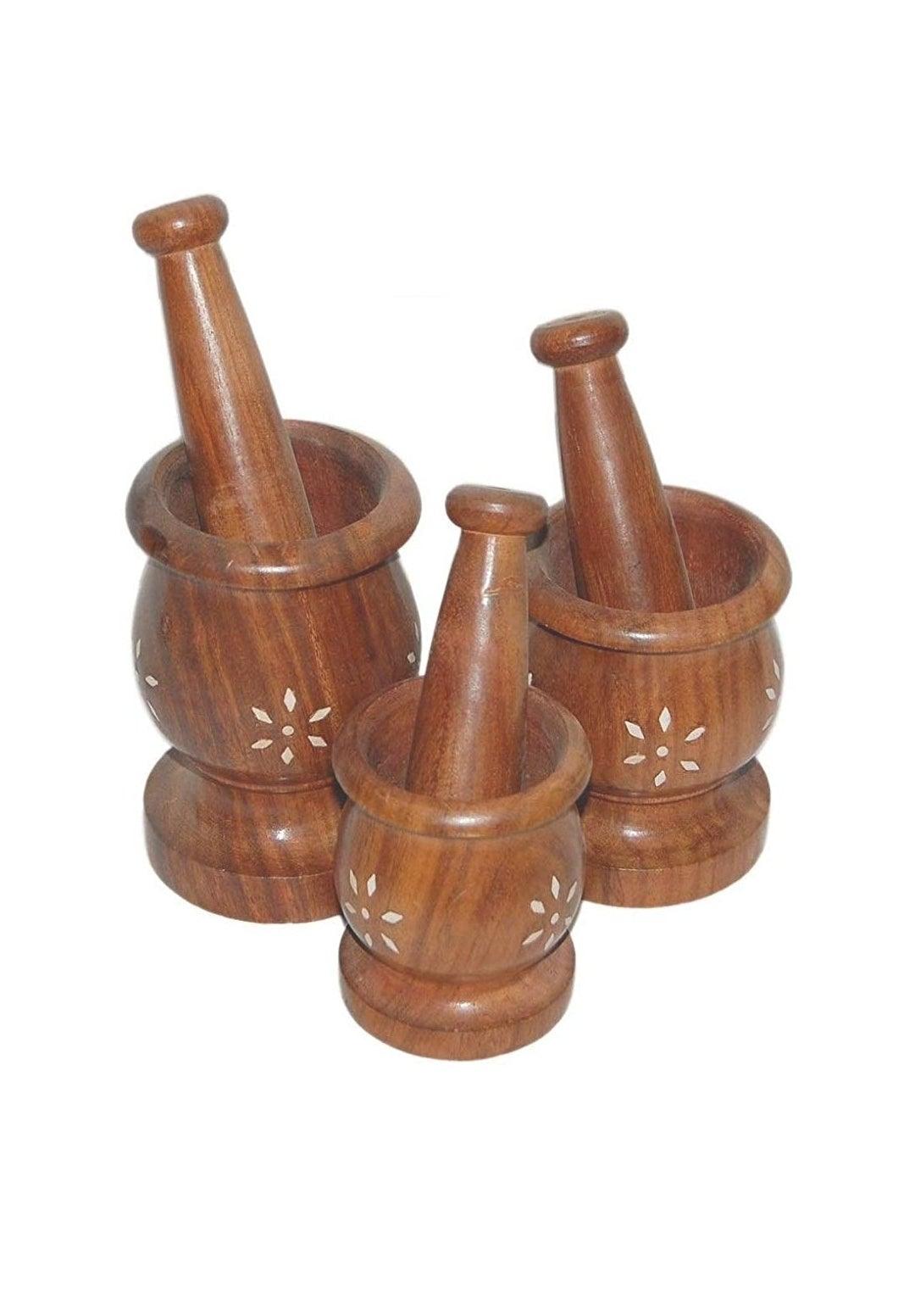 Handmade wooden Mortar Pestle Okhli Set for 3 Kitchen (Brown) in different sizes - GreentouchCrafts