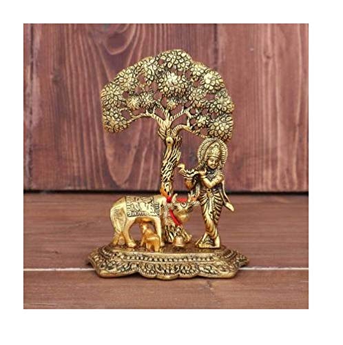 Metal Krishna with Cow Standing Under Tree Plying Flute Decorative Showpiece - 17 cm  (Metal, Gold)