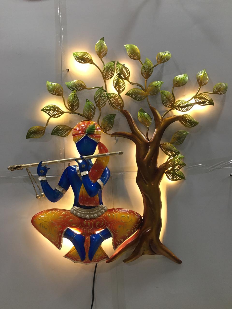 Big Size (2 feet x 2.25 feet) Metal frame Lord Krishna playing flute under tree with LED lights, Perfect for Home decor, Wall decor - GreentouchCrafts