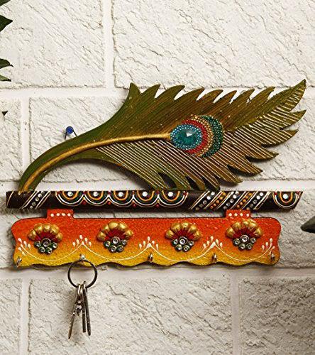 Lord Krishna Bansuri and Peacock Feather pattern wooden Key Holder with painting work - GreentouchCrafts