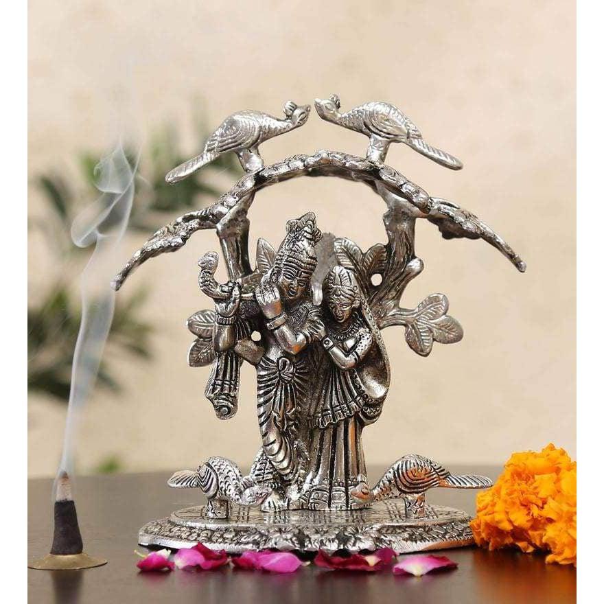 Silver colour White Metal Radha Krishna Idol Playing Flute Under Tree (Silver, 22.7x17.8x14.2cm) - GreentouchCrafts