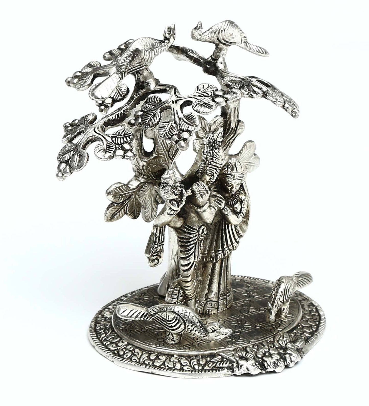 Silver colour White Metal Radha Krishna Idol Playing Flute Under Tree (Silver, 22.7x17.8x14.2cm) - GreentouchCrafts
