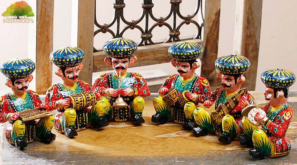 Rajasthani Wood Musician Bawla Set (Brown, Set of 6) in different musicial position, height 4.5 inch approx of each - GreentouchCrafts