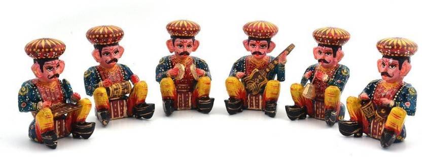 Rajasthani Wood Musician Bawla Set (Brown, Set of 6) in different musicial position, height 4.5 inch approx of each - GreentouchCrafts