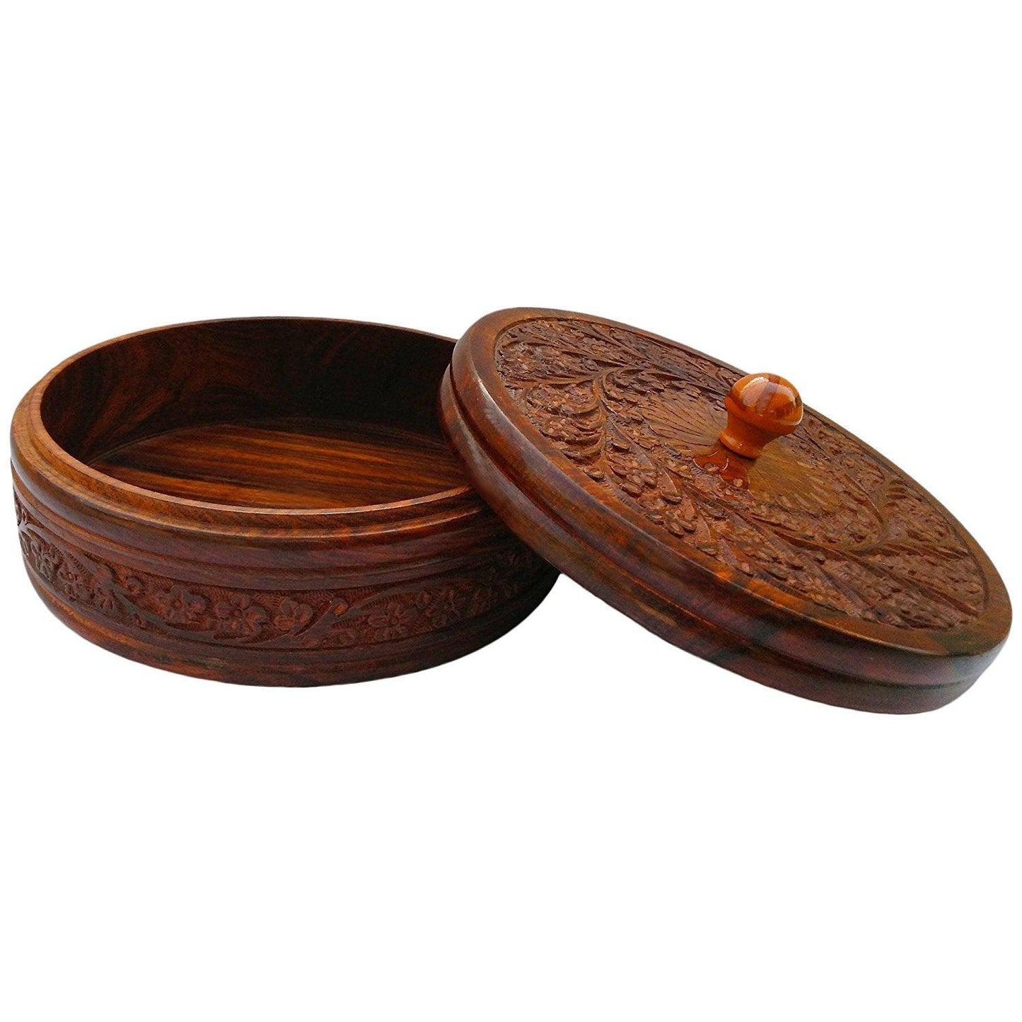 Antique handmade Carving Wooden Box Pot Serving Bowl with Lid for Chapatis (Brown, 8-inch) - GreentouchCrafts