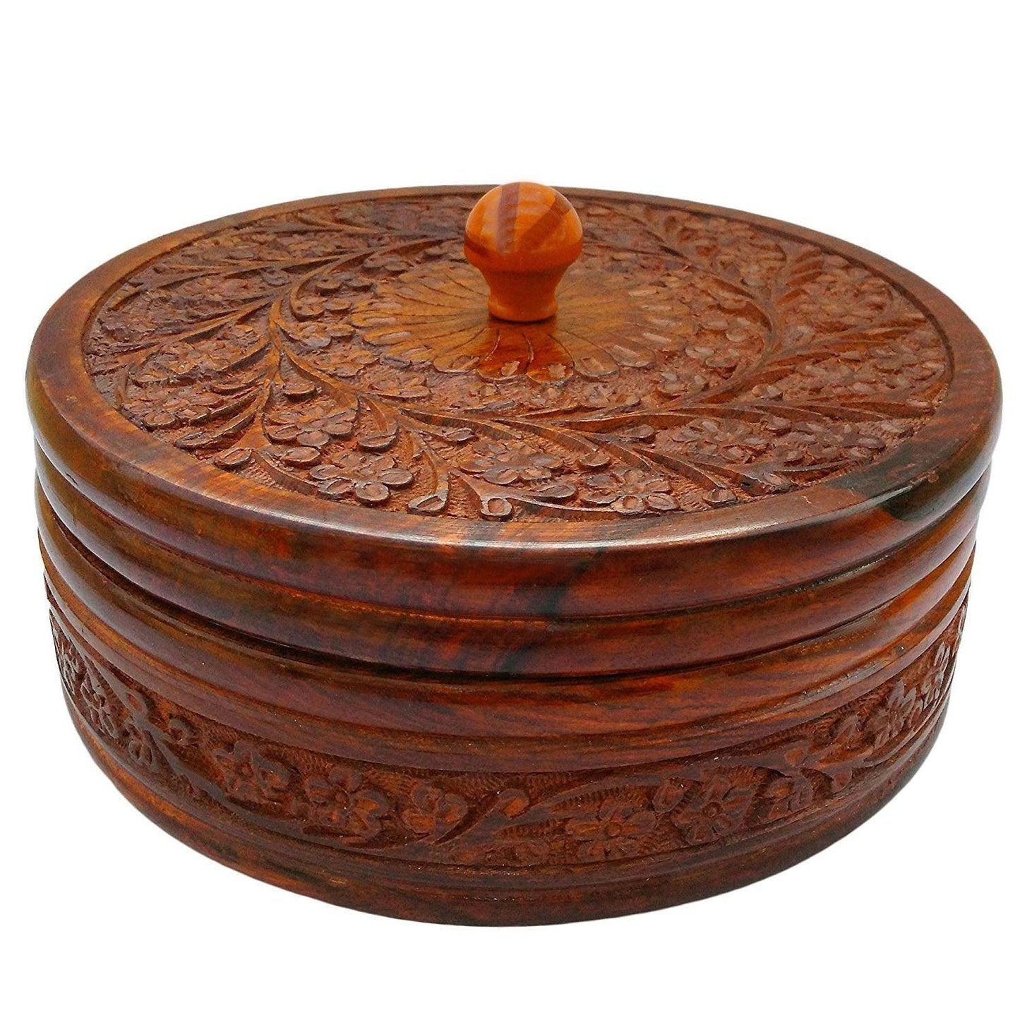 Antique handmade Carving Wooden Box Pot Serving Bowl with Lid for Chapatis (Brown, 8-inch) - GreentouchCrafts