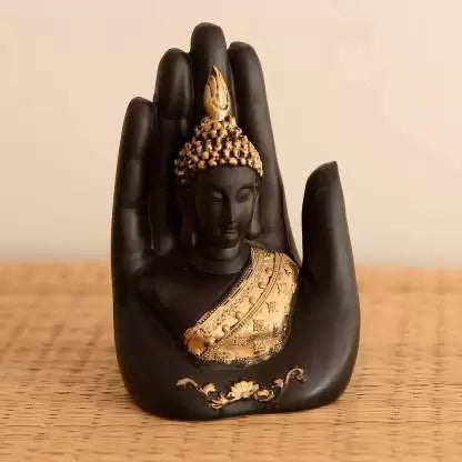Golden Handcrafted Buddha Palm Decorative Showpiece - 18 cm (Polyresin, Gold, Black)