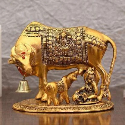 Metal Kamdhenu Cow and Calf Statue Spiritual Showpiece Gift & Home Decor, Blessing Gift Item, Size approx 6.5 inch