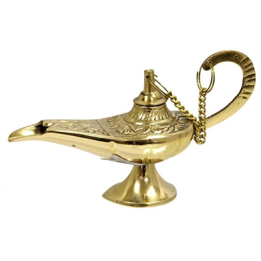 Brass Aladdin Genie Lamps: Incense Burners, Showpiece, Decorative Brass Chirag, Oil Lamp,Collectors Item (11", Brass Base Golden Meenakari) - GreentouchCrafts