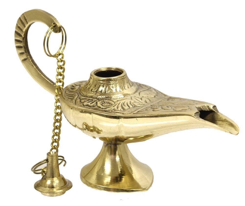 Vintage Oil Burning Engraved Brass Genie Lamp - antiques - by
