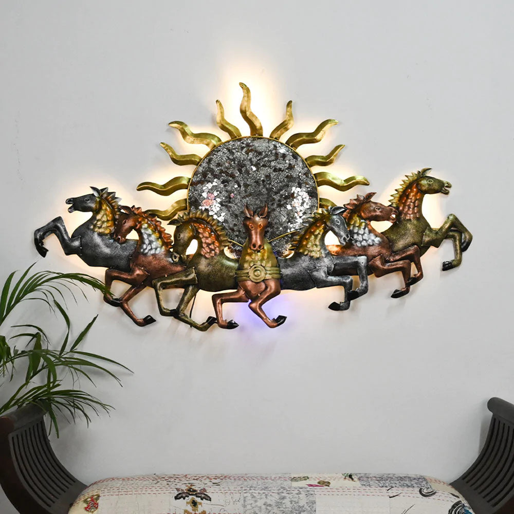 The Seven Horses Metal Wall Art With LED Lights, size 4 feet approx