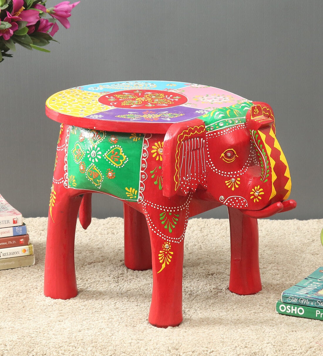 Multicolour Wooden Brass Painted Elephant Stool,