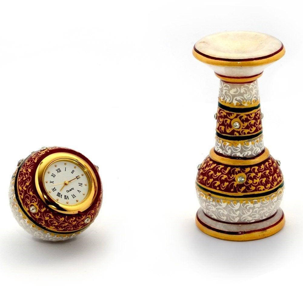 Gold Painted Meenakari Work Marble Pillar Watch, 6-inch (Multicolour) - GreentouchCrafts