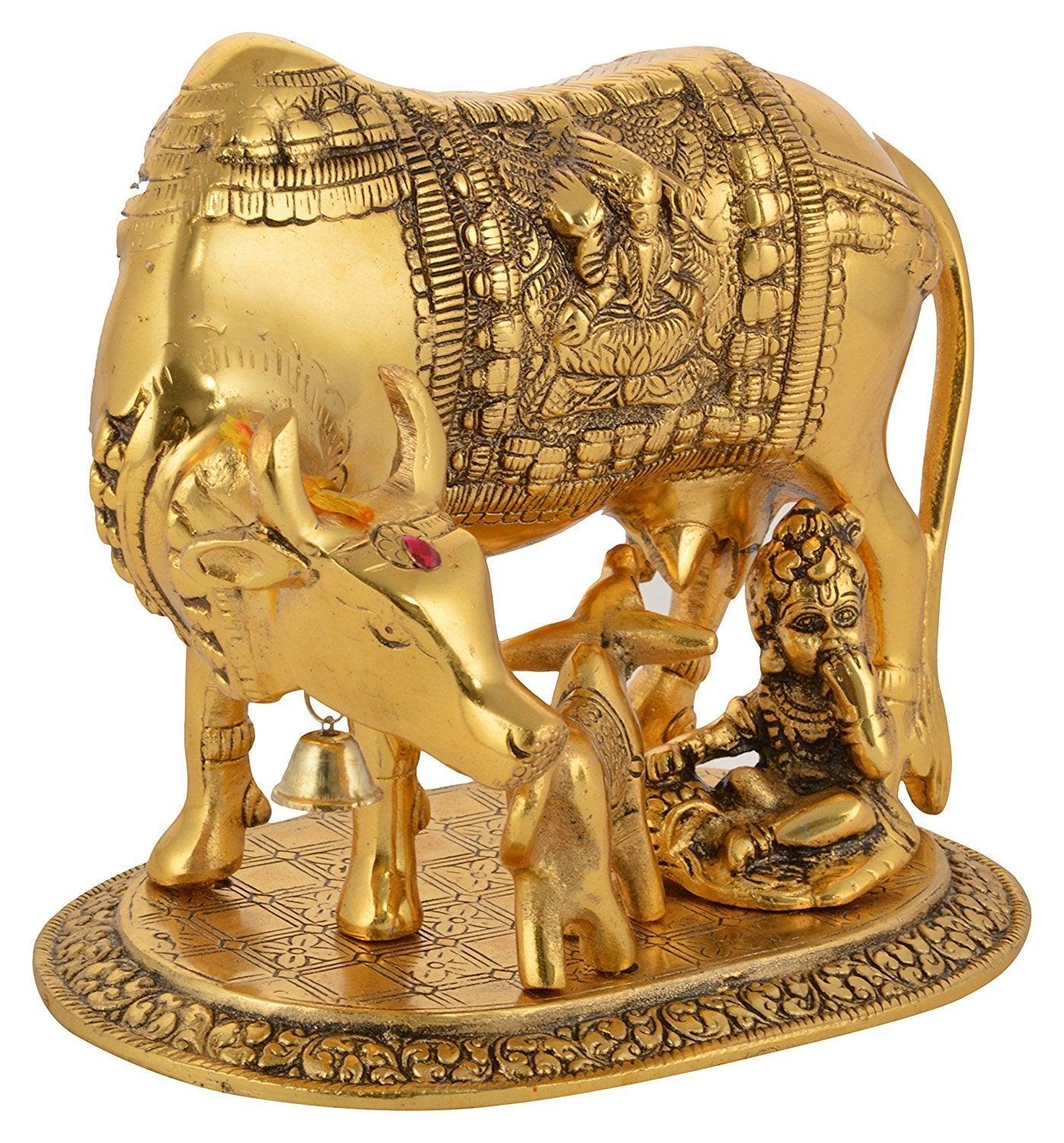 Large Gold Elegant Kamdhenu Cow and Calf Metal Statue Spiritual Showpiece Figurine Sculpture House Warming Gift & Home Decor Congratulatory Blessing Gift Item, Large size approx 9 inch - GreentouchCrafts
