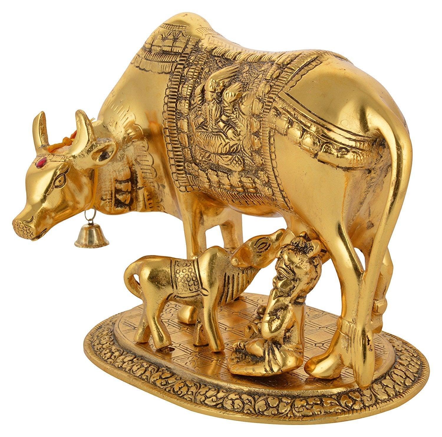 Large Gold Elegant Kamdhenu Cow and Calf Metal Statue Spiritual Showpiece Figurine Sculpture House Warming Gift & Home Decor Congratulatory Blessing Gift Item, Large size approx 9 inch - GreentouchCrafts