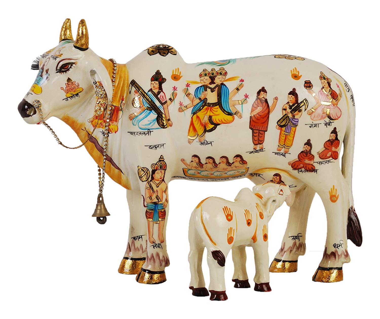 Kamdhenu Cow With Calf size 20 cm God Figure Hand Painted, Polyresin Statue Home Decor And Puja Article Showpiece - GreentouchCrafts