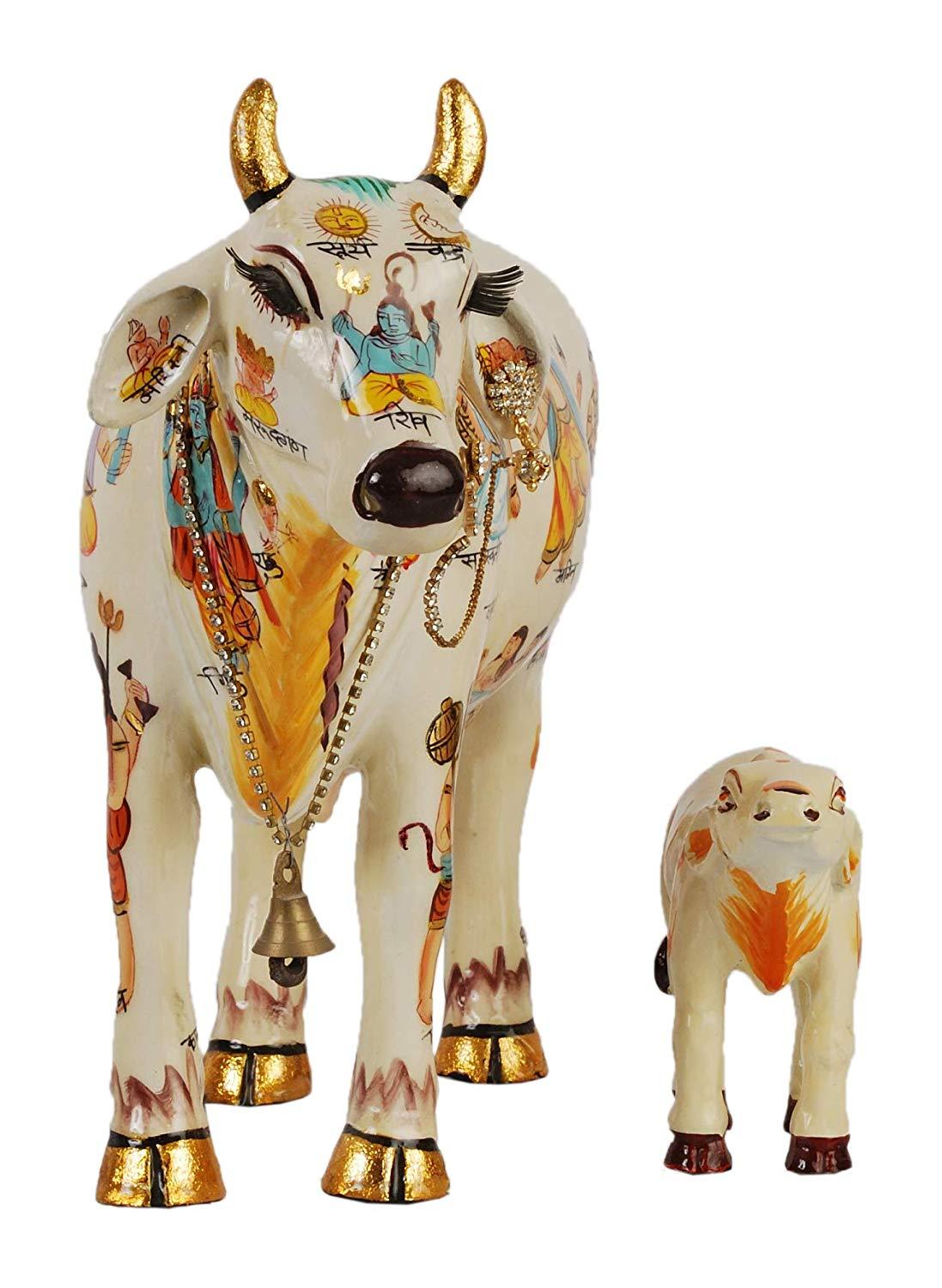 Kamdhenu Cow With Calf size 20 cm God Figure Hand Painted, Polyresin Statue Home Decor And Puja Article Showpiece - GreentouchCrafts