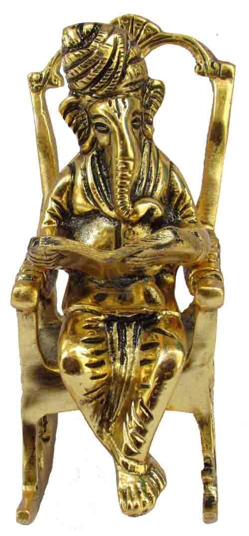 Brass 3D Moving Lord Ganesha Statue Sitting on A Chair and Reading Ramayan - GreentouchCrafts