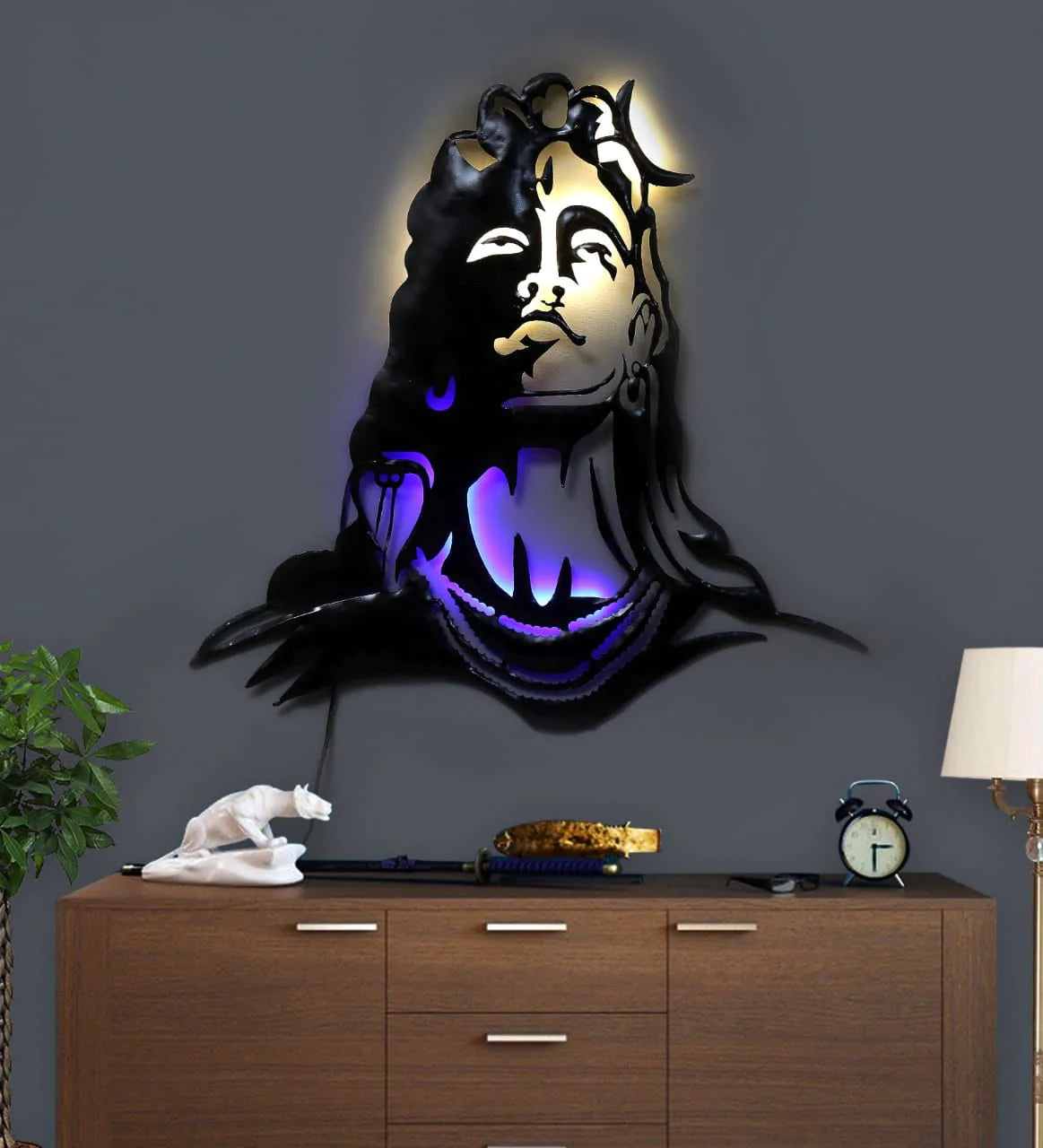 Big Size ( 2.5 feet) Metal frame Lord Shiva wall hanging statue with LED lights, Perfect for Home decor, Wall decor