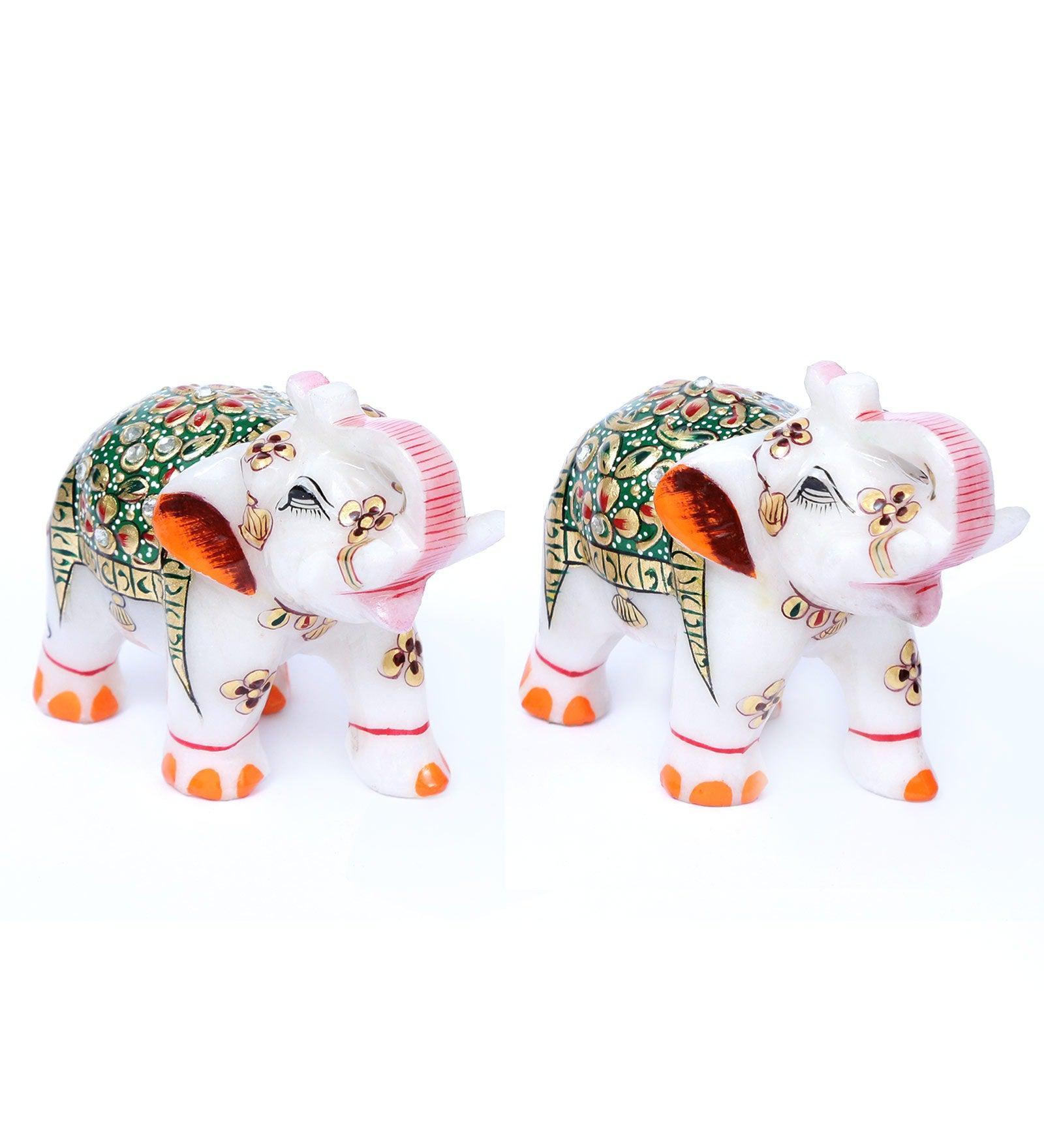 Multicolor Pair Of Marble Elephant Emboss Green Figurine showpiece handicraft - GreentouchCrafts