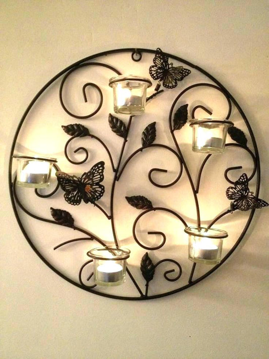 Round Wall Tealight Holder with butterfly Touch, Wall Decor Candle Stand - GreentouchCrafts