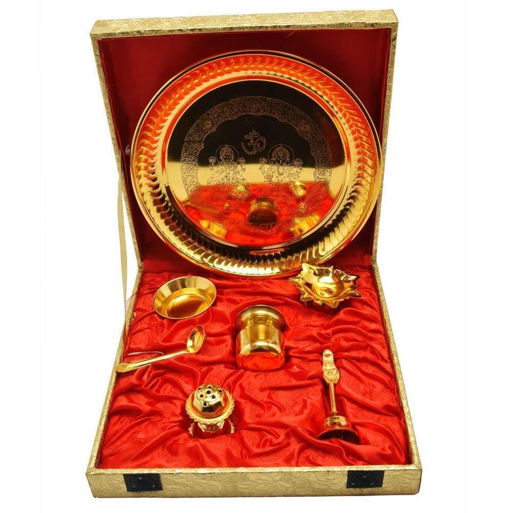 Laxmi Ganesha Embossed Work Gold Plated Pooja Aarti Thali Set of 7 Pieces with Box Packing - GreentouchCrafts